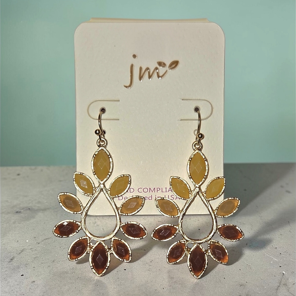 JM Gold-Tone Teardrop Petal Earrings in Shades Of Amber, NWT